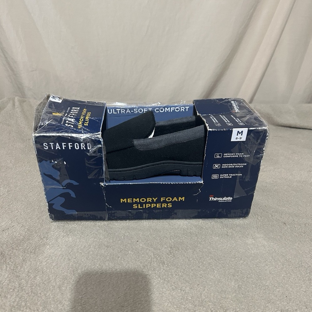 New Stafford Men's Black Memory Foam Slippers Thinsulate Size Medium 8-9 NIB